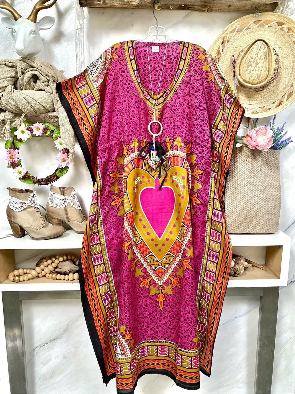 Gypsy boho kaftan dress/cover up w southwestern hippy beach vibe